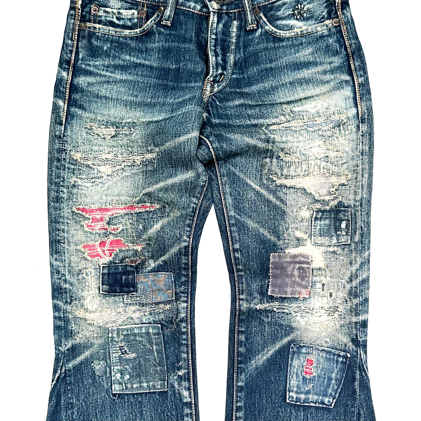 KAPITAL LEGS PATCHWORK FLARED JEANS