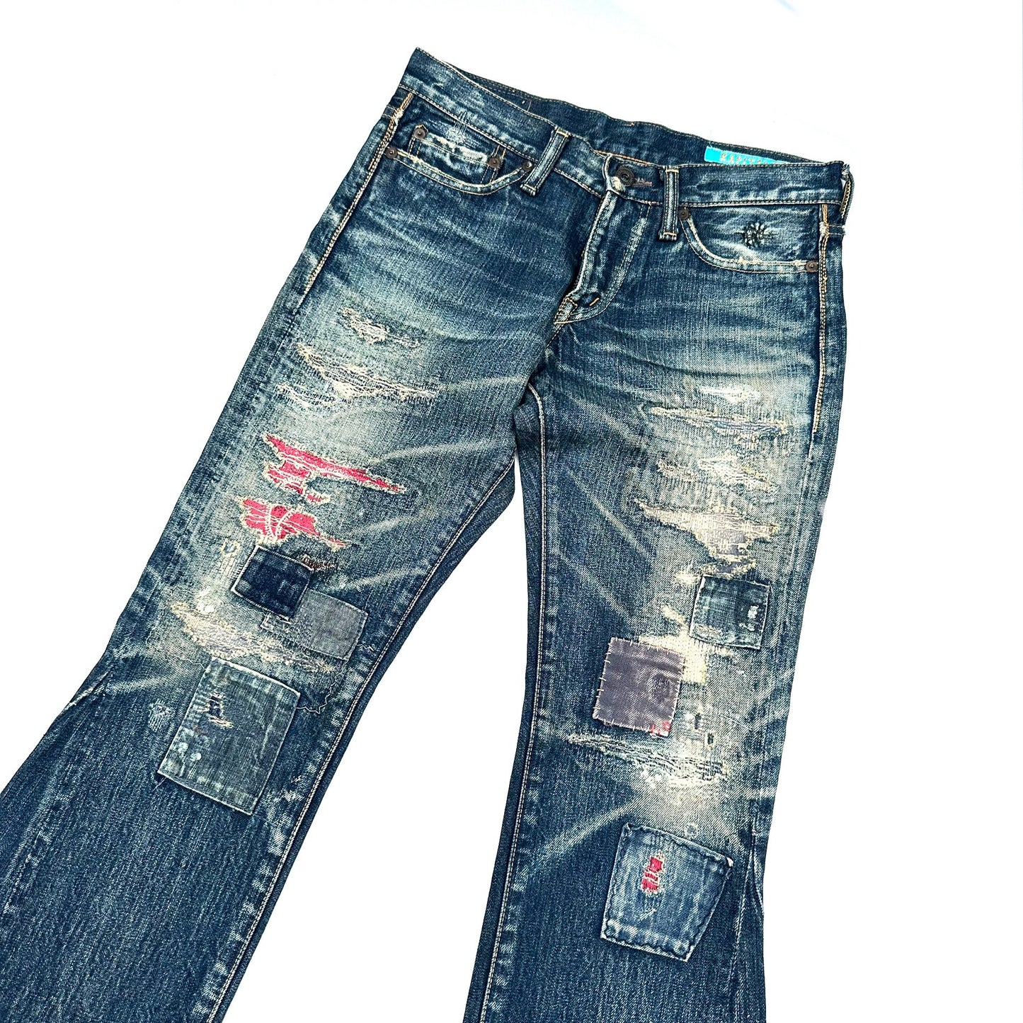 KAPITAL LEGS PATCHWORK FLARED JEANS